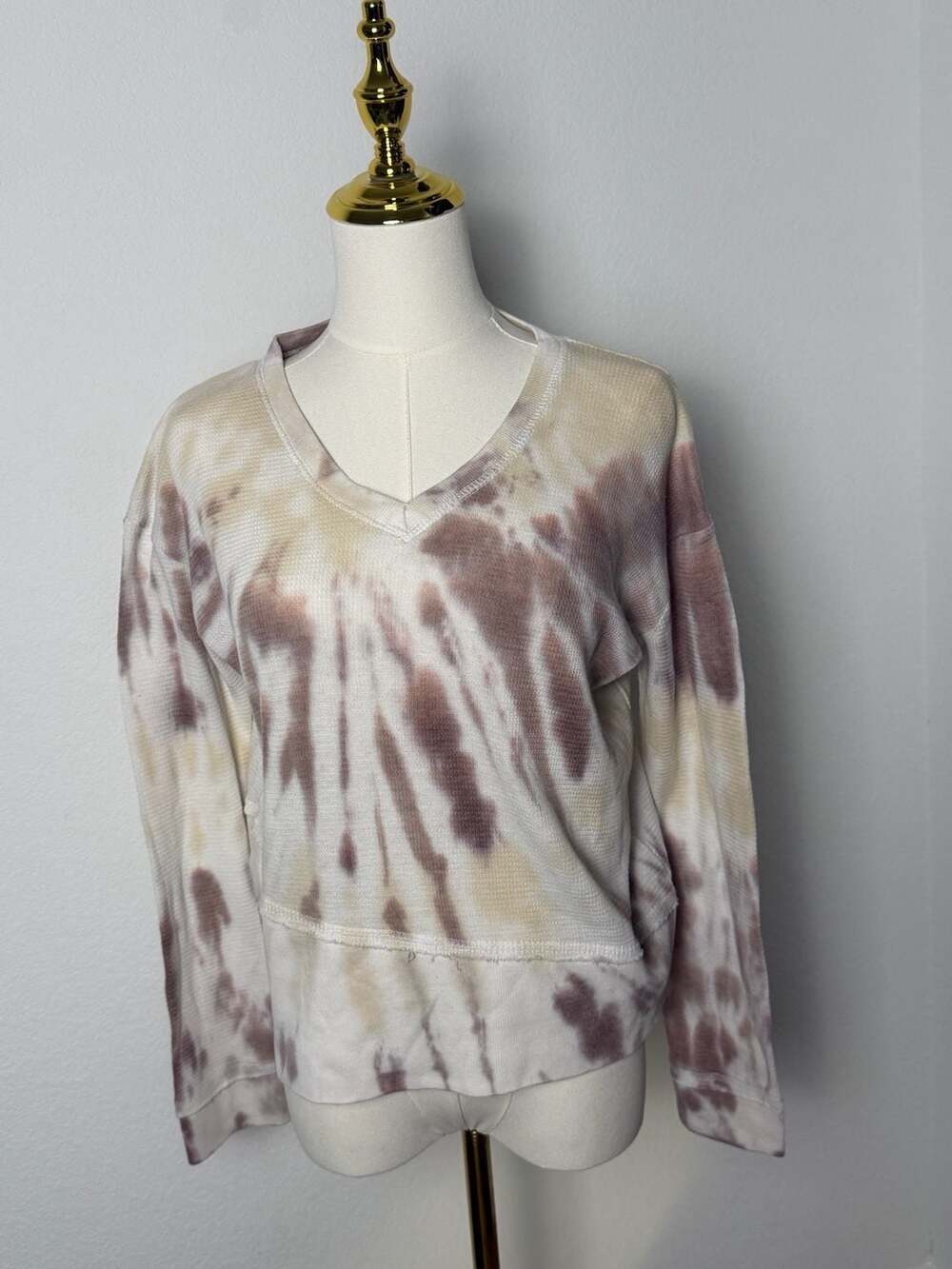 Vintage Havana Tie Dye V-Neck Thermal Knit Top Oversized